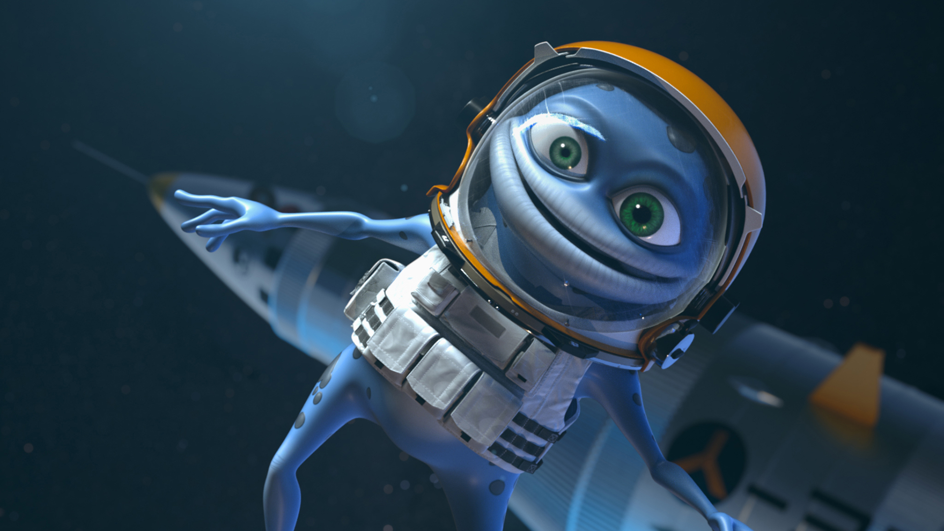 Crazy Frog floating through space in an astronaut suit